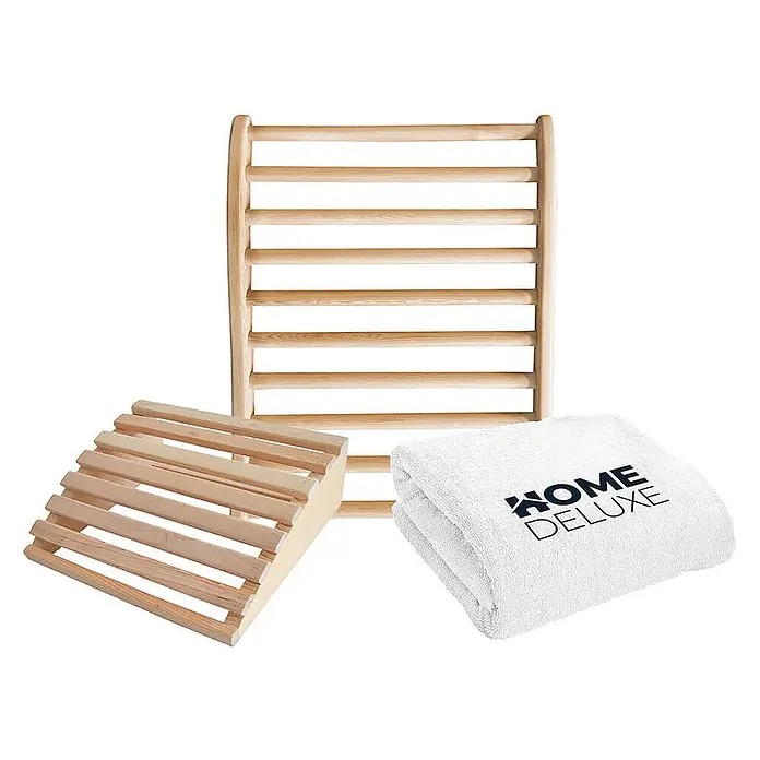 Home Deluxe Sauna-Zubehör RAJA -  - Hölzerne Saunalehne, Lamellen-Fußstütze und weißes HOME DELUXE Handtuch.