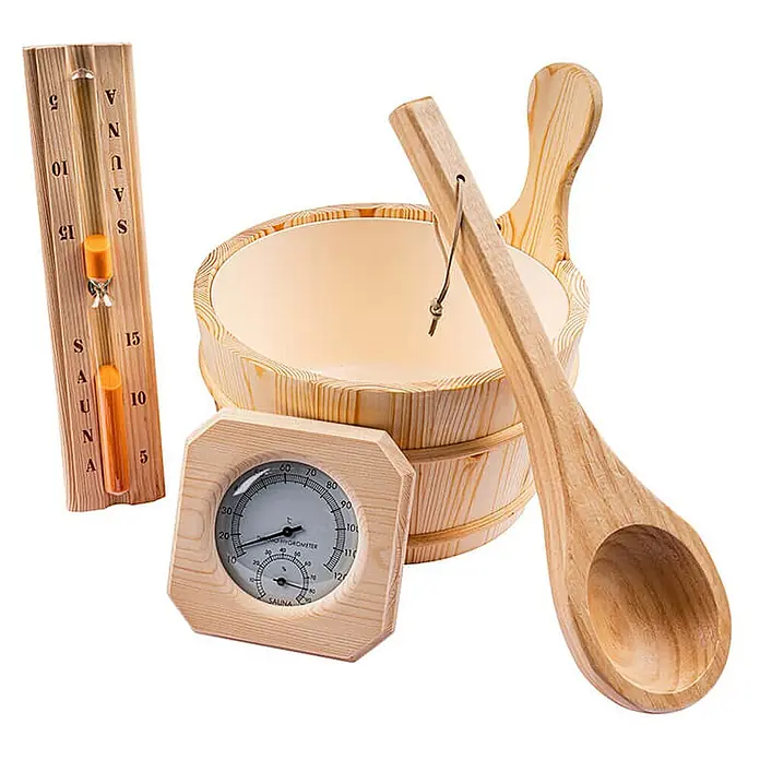 Home Deluxe Sauna-Zubehör Q PREMO 5 -  - Hölzernes Saunaset bestehend aus Eimer, Schöpfkelle, Thermometer-Hygrometer und Sanduhr.