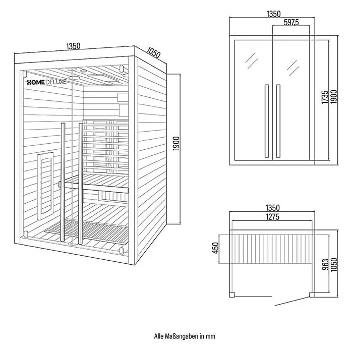 Home Deluxe Infrarotkabine SONORA M M -  - Technische Zeichnungen einer HOME DELUXE Sauna mit Maßen in verschiedenen Ansichten.