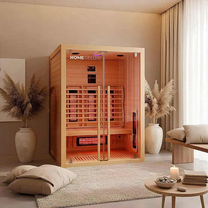 Home Deluxe Infrarotkabine SONORA M M -  - Helle Holz-Infrarotsauna mit Glastür und rot glühenden Heizungen in einem modernen Wohnraum.