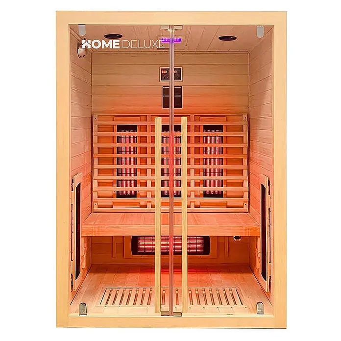 Home Deluxe Infrarotkabine SONORA M M -  - Leere Infrarotsauna aus Holz mit Glastür, glühenden Heizungen und Bedienfeld.