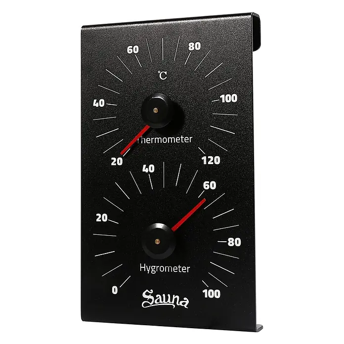 Home Deluxe Sauna-Zubehör LUVIA Matt Schwarz -  - Schwarzes Saunathermometer und -hygrometer mit weißen Markierungen und roten Zeigern zur Messung von Temperatur und Luftfeuchtigkeit.
