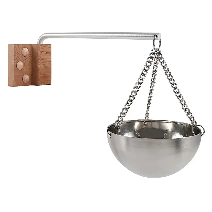 Home Deluxe Sauna-Zubehör LUVIA Matt Schwarz -  - Silberne Edelstahl-Aromaschale mit Ketten, hängt an einem Metallarm mit Holzhalterung für die Sauna.