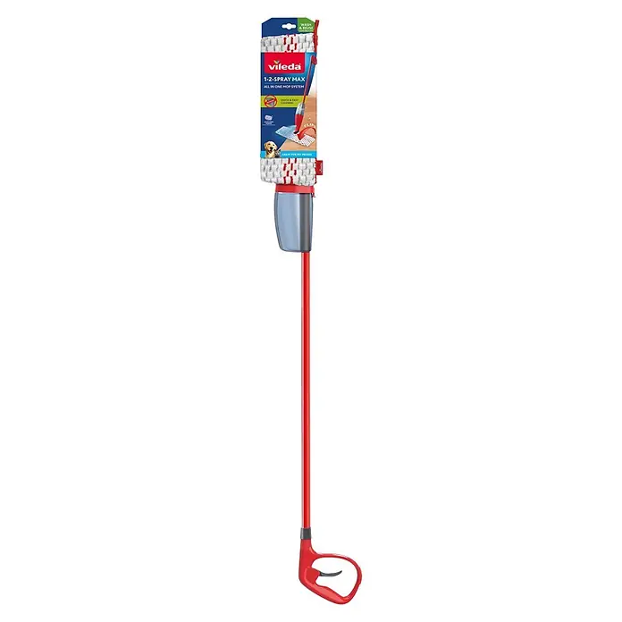 Vileda Bodenwischer Spray & Clean Sprühwischer - 2 -tlg. - Vileda 1-2-SPRAY MAX All-in-One Wischsystem, rot und grau mit weißem Mikrofasermoppkopf, aufrecht stehend.