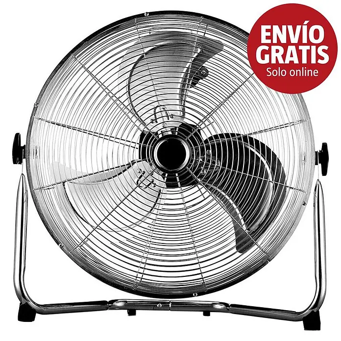 Purline Venty Ventilador de suelo industrial 90 - 90 W, Plateado, 50 cm - Un ventilador de suelo de metal cromado con tres aspas y una base robusta en forma de U.