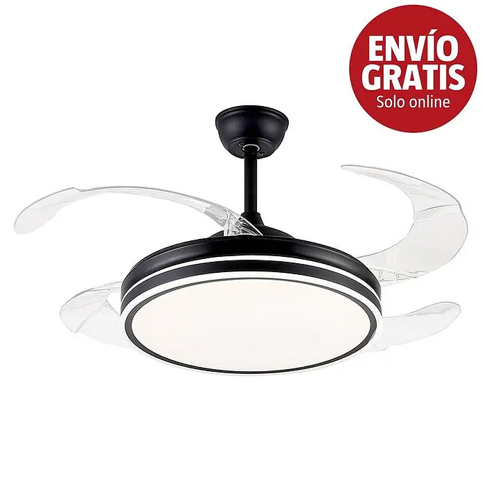 Purline Ventilador de techo Ceily Brise - Negro, 107 cm, 28 W, Blanco neutro - Ventilador de techo negro moderno con luz LED blanca y aspas retráctiles transparentes.