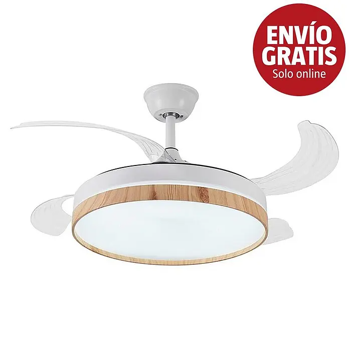 Purline Ventilador de techo Ceily Brise - Blanco/Madera clara, 107 cm, 28 W, Blanco neutro - Ventilador de techo blanco con aspas transparentes retráctiles y luz LED integrada con acabado de madera clara.