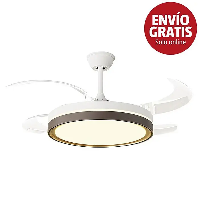 Purline Ventilador de techo Ceily Brise - Blanco/Madera oscura, 107 cm, 28 W, Blanco neutro - Ventilador de techo blanco con aspas retráctiles y luz integrada, con anillo gris oscuro y acento dorado.