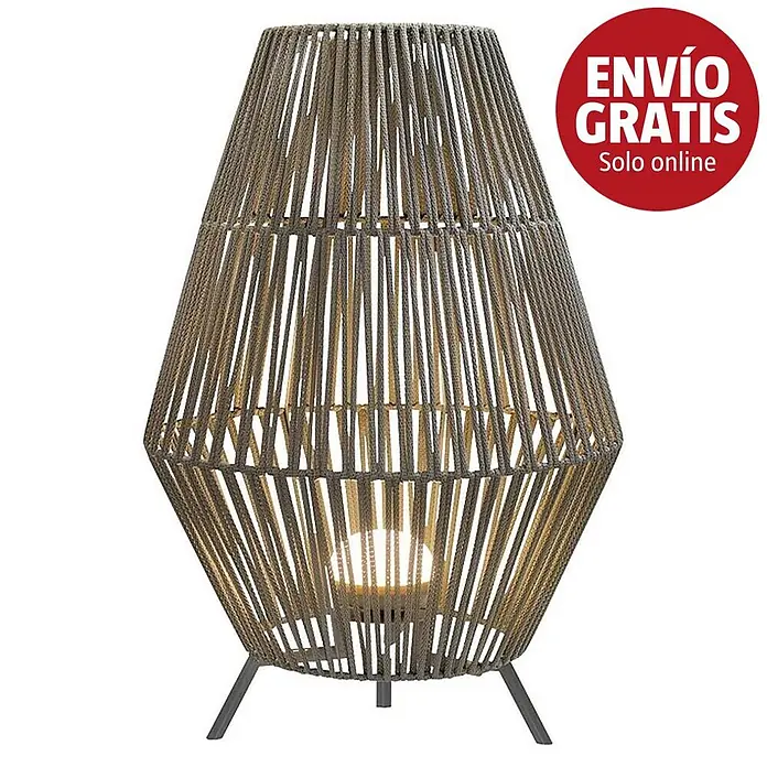 New Garden Conta Lámpara de pie para exterior 70 - 9 W, Blanco cálido, 48 x 48 x 72 cm, Con bombillas - Lámpara de exterior gris de cuerda trenzada con bombilla visible y base trípode.