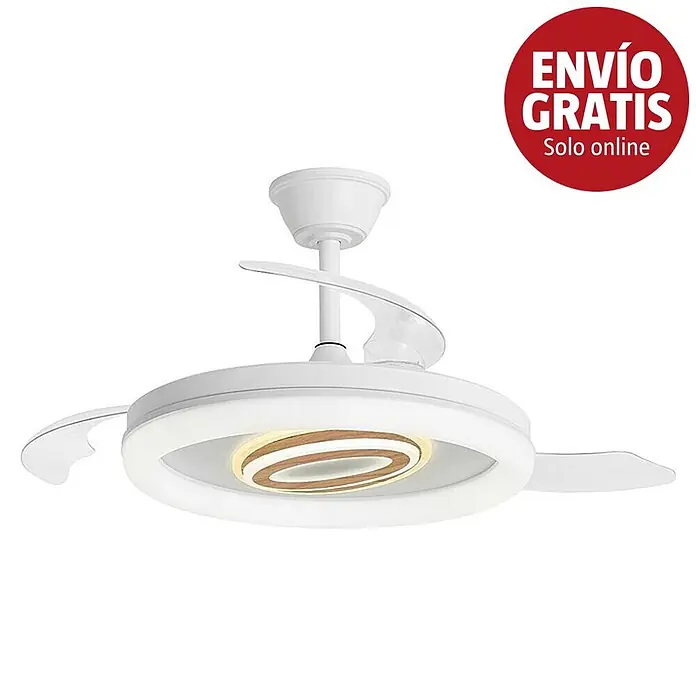 Alemar Ventilador de techo Bribon - Blanco/Madera, 48 cm, 30 W - 68 W, Blanco frío - Ventilador de techo blanco con aspas retráctiles, luz LED integrada y diseño espiral marrón.
