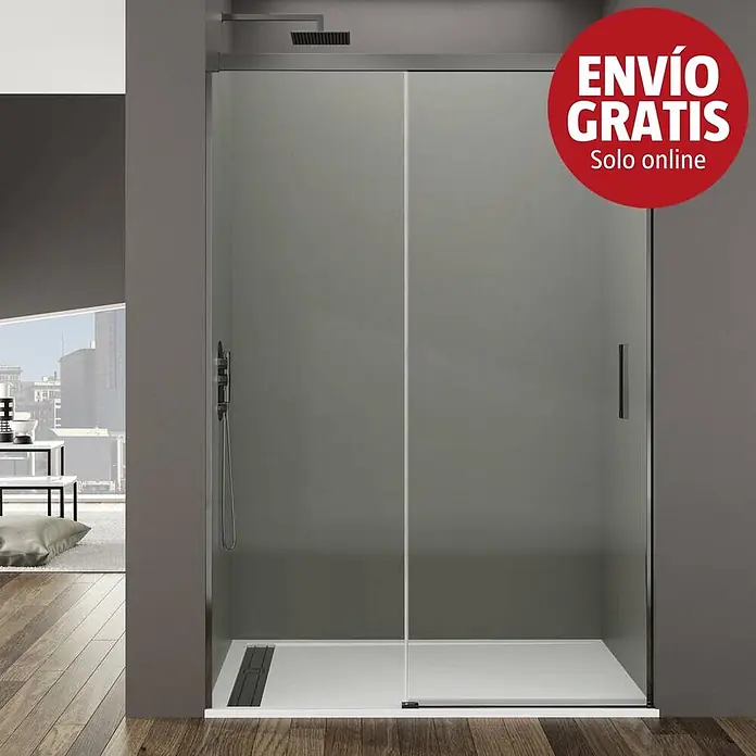 GME Mampara de ducha frontal Basic - 115 x 196 cm, Vidrio transparente, Titanio - Mampara de ducha moderna con puertas correderas de cristal ahumado, grifería oscura y plato de ducha blanco.