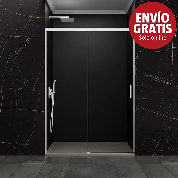 GME Mampara de ducha frontal Basic - 160 x 196 cm, Vidrio transparente, Blanco - Mampara de ducha moderna con marco blanco, paneles de cristal transparente y plato de ducha oscuro en un baño con paredes de mármol negro. Adhesivo 'ENVÍO GRATIS Solo online'.