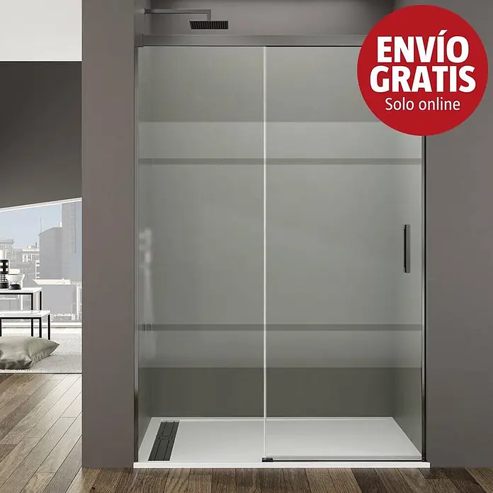 GME Mampara de ducha frontal Basic - 130 x 195 cm, Vidrio serigrafiado, Titanio - Mampara de ducha corredera moderna con cristal esmerilado y franjas horizontales transparentes, con plato de ducha blanco en un baño.