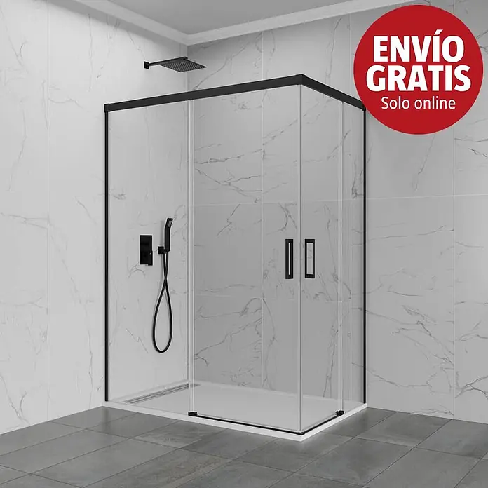 GME Mampara de ducha esquinera Basic Angular - L x An x Al: 100 x 120 x 196 cm, Vidrio transparente, Negro - Mampara de ducha de cristal con marco negro y sistema de ducha negro a juego, instalada en un baño moderno alicatado.