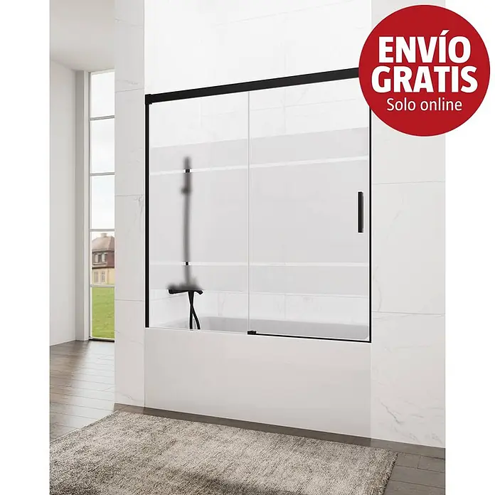 GME Mampara para bañera Basic - An x Al: 170 x 150 cm, Vidrio serigrafiado, Negro - Mampara de ducha corredera con marco negro para bañera y cristal esmerilado a rayas en un baño moderno.