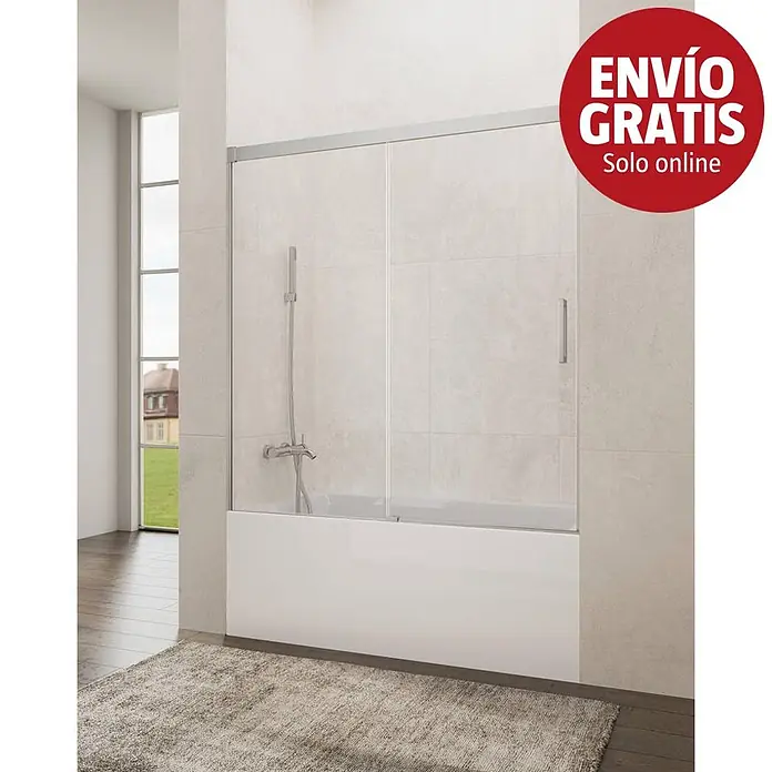 GME Mampara para bañera Basic - An x Al: 150 x 150 cm, Vidrio transparente, Cromo - Bañera blanca con mampara de ducha de cristal transparente y perfiles plateados.
