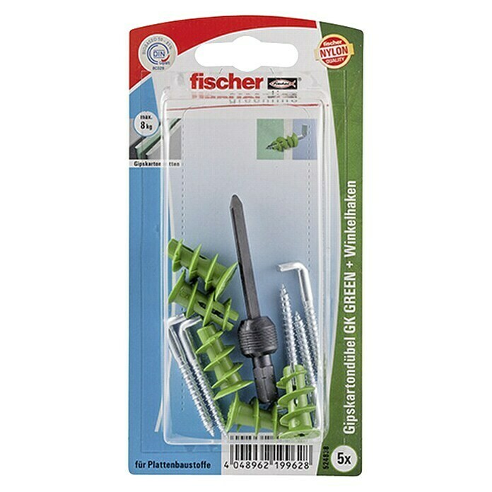 Fischer Greenline Gipskartondübel-Set WH GREENLänge Dübel: 22 mm, 5 Stk., Winkelhaken Front View