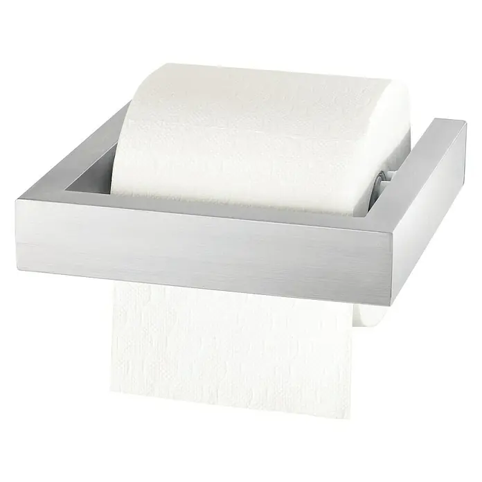 Zack Linea Toilettenpapierhalter - Ohne Deckel, Edelstahl, Matt - Ein moderner Toilettenpapierhalter aus Edelstahl mit einer vollen Papierrolle. Der Halter zeichnet sich durch sein minimalistisches Design aus.