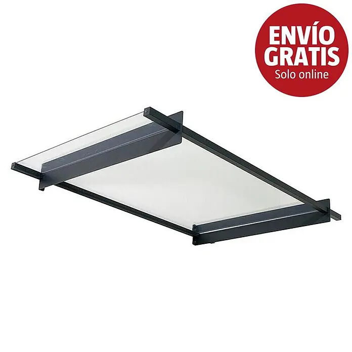 Solid Elements Marquesina para puerta Nancy - 150,5 x 94 x 14 cm, Gris antracita - Marquesina de entrada rectangular con parte superior transparente y marco metálico gris oscuro. Adhesivo rojo "ENVÍO GRATIS Solo online" en la esquina superior derecha.