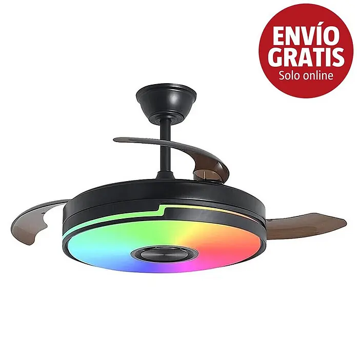 Alemar Ventilador de techo Auron - Negro, 107 mm, 30 W, RGB - Ventilador de techo negro con aspas retráctiles y una vibrante luz LED multicolor en el centro.