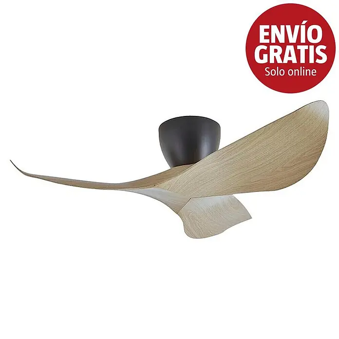 Alemar Ventilador de techo Venice - Negro/Madera, 97 cm, 7 W - 30 W - Ventilador de techo moderno con carcasa gris oscuro y aspas de madera clara onduladas.
