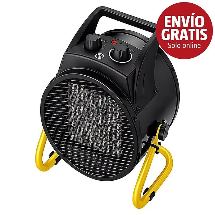 Purline Calefactor industrial Hoti Vulcano 3 - 1.500 kW - 3.000 kW, Negro/Amarillo - Calentador eléctrico negro con soporte amarillo ajustable. Cuenta con rejilla frontal y mandos de control superiores.
