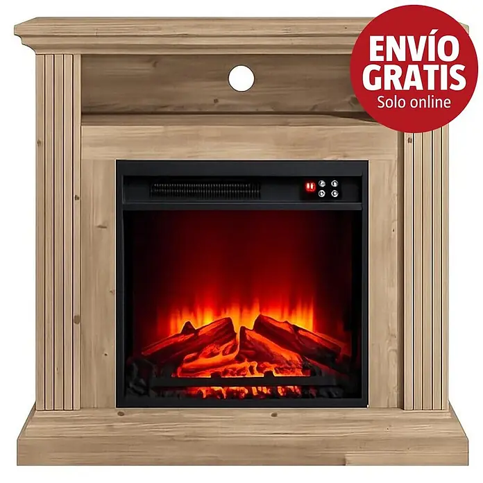 Purline Chimenea eléctrica CHE-905 - 30 x 82 x 77 cm, 1.800 W, Marrón/Negro - Chimenea eléctrica de madera clara con troncos y llamas artificiales, enmarcada en una repisa decorativa.