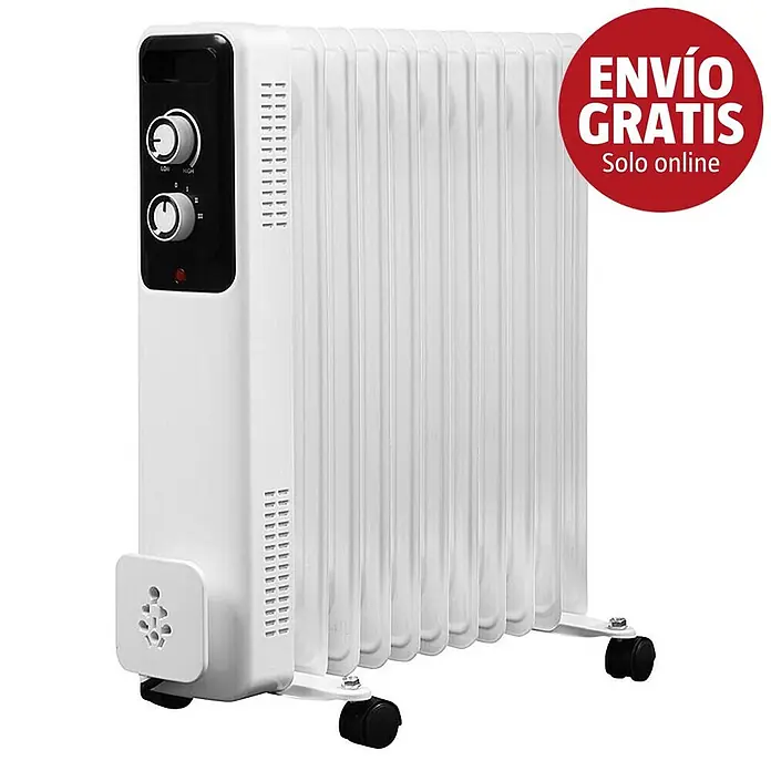 Purline Radiador de aceite Soleil - 1.000 W - 2.500 W, Blanco, 24 x 47 x 55 cm - Radiador eléctrico de aceite blanco con controles negros y ruedas.