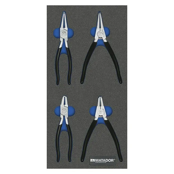 Matador Tool System Zangen-Set - 4 -tlg., Passend für: Sicherungsringe in Bohrungen 19 - 60 mm - Sortimentskasten mit vier MATADOR Sprengringzangen für Innen- und Aussenringe mit präzisen Spitzen und ergonomischen Griffen.