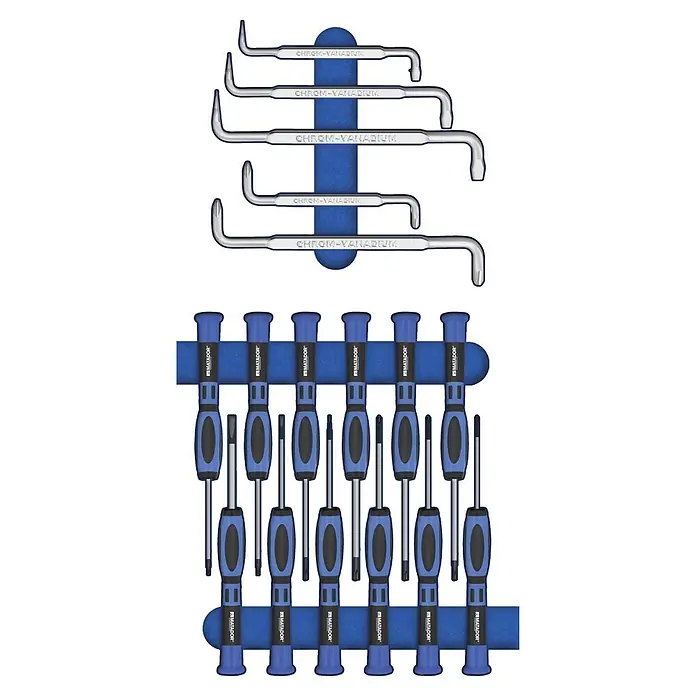 Matador Tool System Werkzeugsatz-Einlage Feinmechaniker-Schraubendreher - 17 -tlg. - Ein Set aus silbernen Chrom-Vanadium-Stiftschlüsseln und blauen Matador-Schraubendrehern mit verschiedenen Spitzen, auf blauen Haltern.