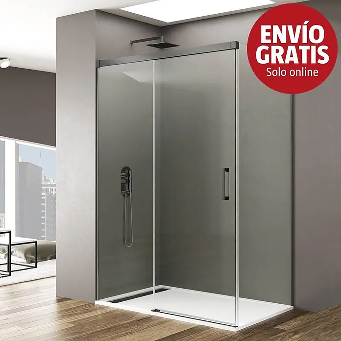 GME Mampara de ducha esquinera Basic - L x An x Al: 90 x 105 x 195 cm, Vidrio transparente, Titanio - Mampara de ducha moderna de cristal transparente y plato blanco en un baño.