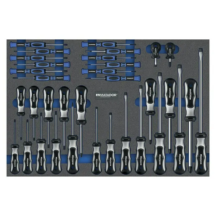 Matador Tool System Schraubendreher-Set34 -tlg. - Ein Werkzeugkasten-Einsatz mit einer umfassenden Sammlung von Matador-Schraubendrehern unterschiedlicher Typen und Größen für vielseitige Anwendungen.