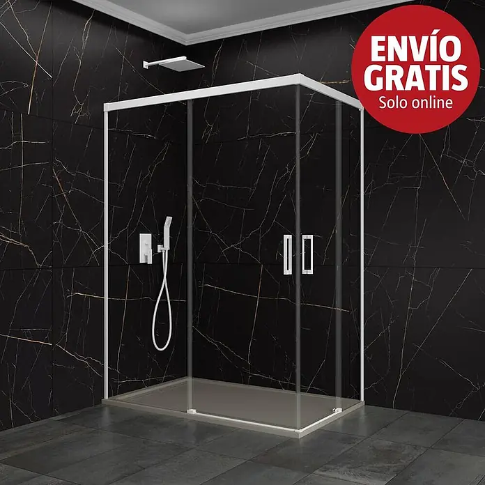 GME Mampara de ducha esquinera Basic Angular - L x An x Al: 90 x 120 x 196 cm, Vidrio transparente, Blanco - Cabina de ducha esquinera con marco blanco y paneles de cristal transparente, en un baño moderno con azulejos de mármol negro.
