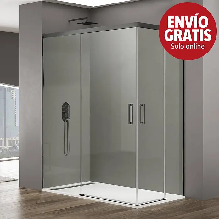GME Mampara de ducha esquinera Basic Angular - L x An x Al: 75 x 90 x 195 cm, Vidrio transparente, Titan - Mampara de ducha angular con paneles de vidrio transparente, marco oscuro, plato de ducha blanco y grifería negra en baño moderno.