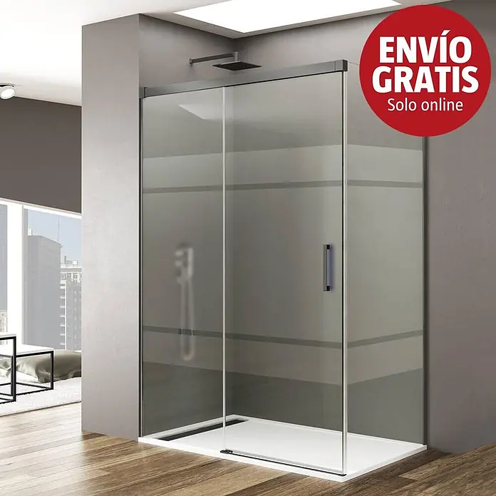 GME Mampara de ducha frontal Basic - L x An x Al: 80 x 145 x 196 cm, Vidrio serigrafiado, Titanio - Mampara de ducha moderna con puertas corredizas de cristal esmerilado y plato blanco en un baño.