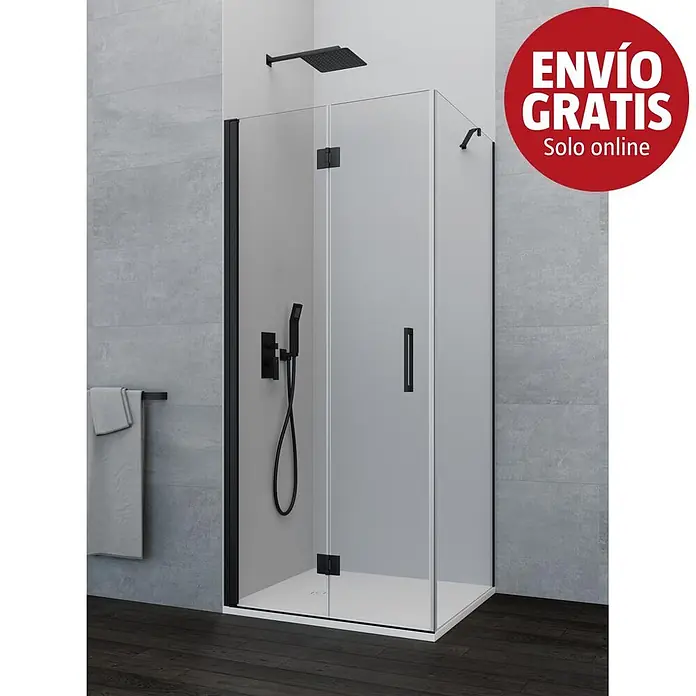 GME Mampara de ducha plegable Glass Combi 1 Esquinera - 85 x 195 cm, Negro, Espesor de vidrio: 6 mm, L x An x Al: 80 x 85 (50/35) x 195 cm - Mampara de ducha de cristal con marco y accesorios negros en baño moderno.