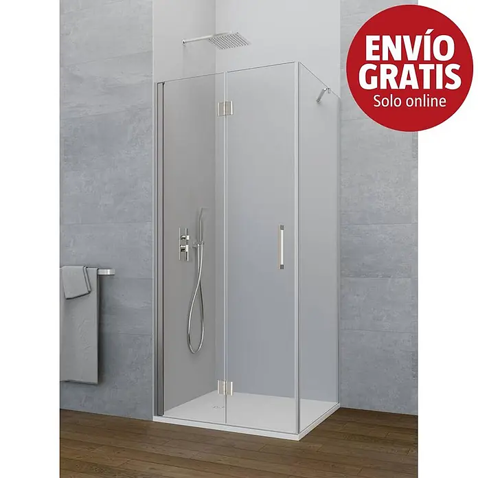 GME Mampara de ducha plegable Glass Combi 1 Esquinera - 75 x 195 cm, Plata brillo, Espesor de vidrio: 6 mm, L x An x Al: 70 x 75 (40/35) x 195 cm - Mampara de ducha de cristal moderna con grifería cromada y plato de ducha blanco en un baño.