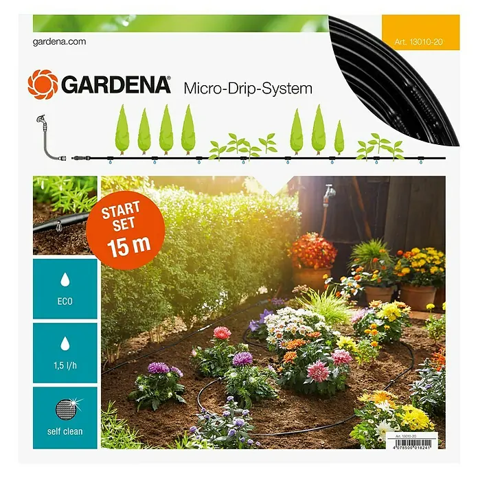 Gardena Micro-Drip Bewässerungs-Set Pflanzreihen Start-Set - Passend für: Pflanzreihen bis 15 m, Anwendungsbereich: Außen - Gardena Micro-Drip-System Start Set 15 m zur Bewässerung von Pflanzen im Garten oder auf der Terrasse, mit wassersparender Technologie.