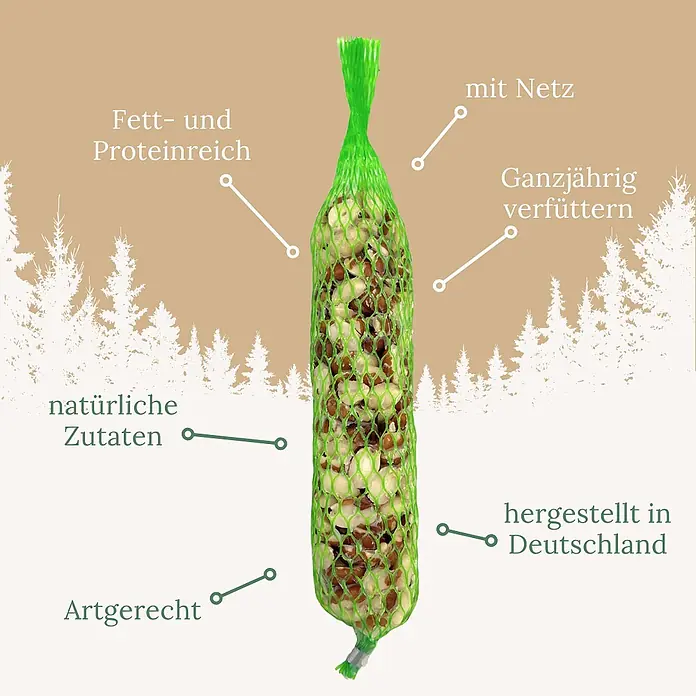 Orni Nusszapfen für Wildvögel 1 Stück 195g -  - Wildvogelfutter in einem grünen Netz, gefüllt mit verschiedenen Samen und Nüssen.