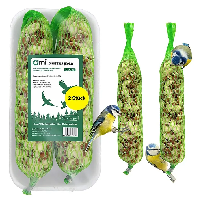 Orni Nusszapfen für Wildvögel 1 Stück 195g -  - Verpackung mit zwei Vogelfutter-Netzen, gefüllt mit Nüssen und Samen. Weitere Netze mit Meisen. Für Wild- und Gartenvögel.