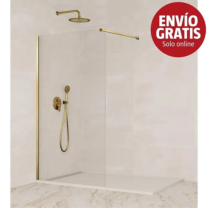 GME Mampara de ducha fija + brazo Screen - An x Al: 118 x 195 cm, Vidrio transparente, Oro - Ducha walk-in con perfilería dorada y sistema de ducha.