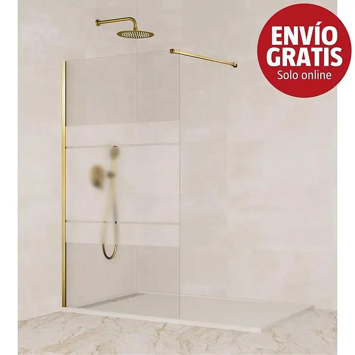 GME Mampara de ducha fija + brazo Screen - An x Al: 98 x 195 cm, Vidrio serigrafiado, Oro - Mampara de ducha con marco dorado, alcachofa, ducha de mano dorada y plato de ducha blanco en un baño.