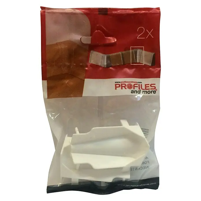 Profiles and more Innenecke FU60L - Esche Weiß, 2 Stk. - Eine Packung mit zwei Eckverbindern von Profiles and More. Die Verbinder sind aus weißem Kunststoff und in einer durchsichtigen Verpackung.