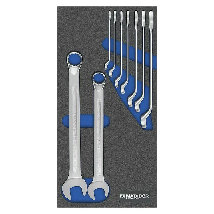 Matador Tool System Ring-Gabelschlüssel-Satz - 9 -tlg., Schlüsselweite: 6 mm - 22 mm, Kopfform: Gekröpft - Satz Matador Ring Maulschlüssel im Werkzeugkasten. Das Set enthält Schraubenschlüssel unterschiedlicher Größe für diverse Anwendungen.