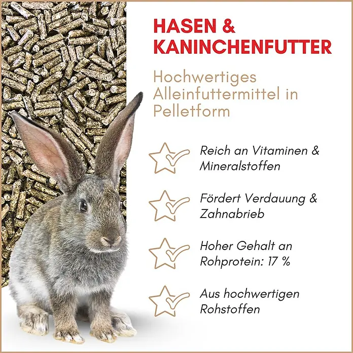 Supravit Hasenfutter - Alleinfutter für Hasen & Kaninchen 2,5kg -  - Ein graues Kaninchen sitzt neben einem Haufen brauner Kaninchenfutterpellets. Es bewirbt hochwertiges Alleinfuttermittel für Hasen und Kaninchen.