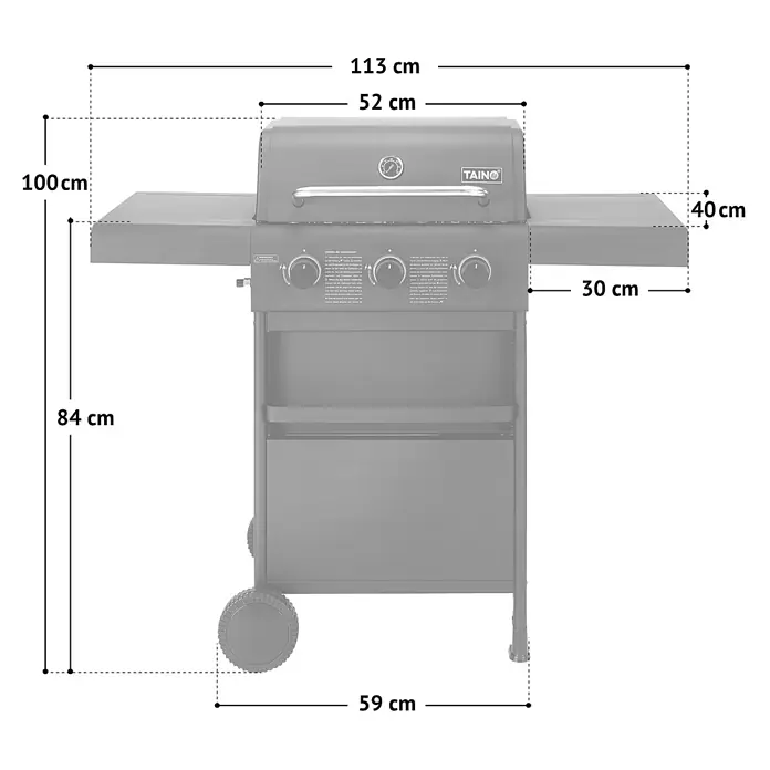 TAINO COMPACT 3+0 Gasgrill Platzsparend Schwarz -  - Grauer Gasgrill mit angegebenen Maßen, ausgestattet mit Seitenablagen und einem Deckel.