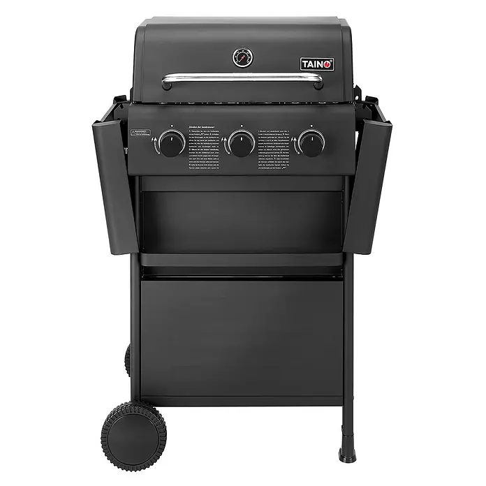 TAINO COMPACT 3+0 Gasgrill Platzsparend Schwarz -  - Schwarzer Gasgrill aus Metall mit drei Bedienknöpfen, Temperaturanzeige und Rädern, mit TAINO-Logo.