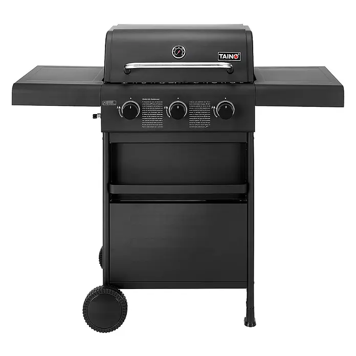 TAINO COMPACT 3+0 Gasgrill Platzsparend Schwarz -  - Schwarzer Gasgrill mit drei Drehknöpfen, Temperaturanzeige, Seitenablagen und Rädern für Mobilität.