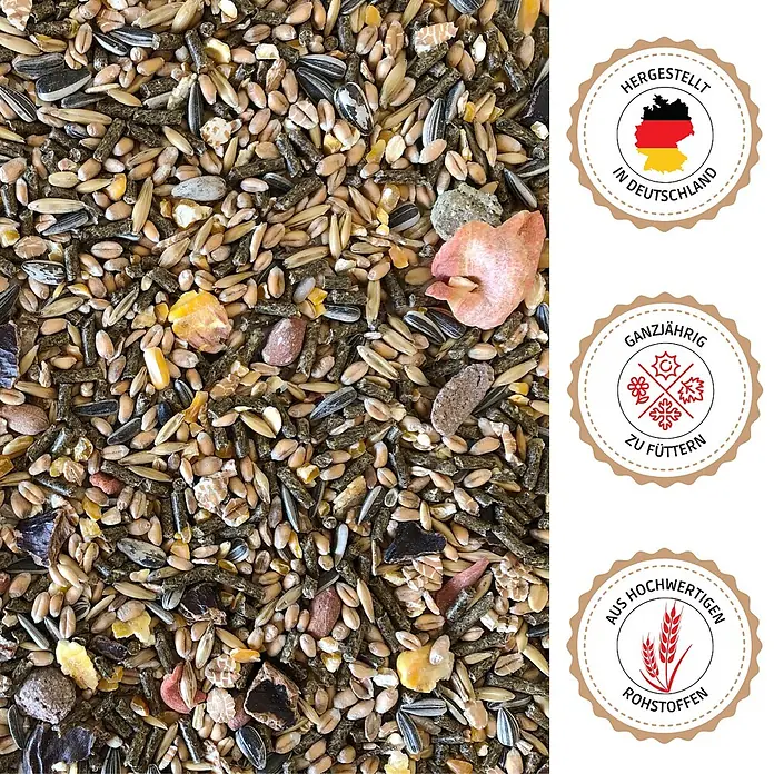Supravit Nager & Kleintierfutter Alleinfutter für Nagetiere 5kg -  - Gemischtes Tierfutter mit Körnern, Samen, Pellets und Trockenfrüchten, daneben drei deutsche Etiketten.