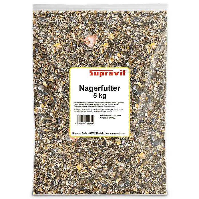 Supravit Nager & Kleintierfutter Alleinfutter für Nagetiere 5kg -  - Transparenter Beutel mit Nagerfutter, einer Mischung aus Getreide, Saaten und Pellets.